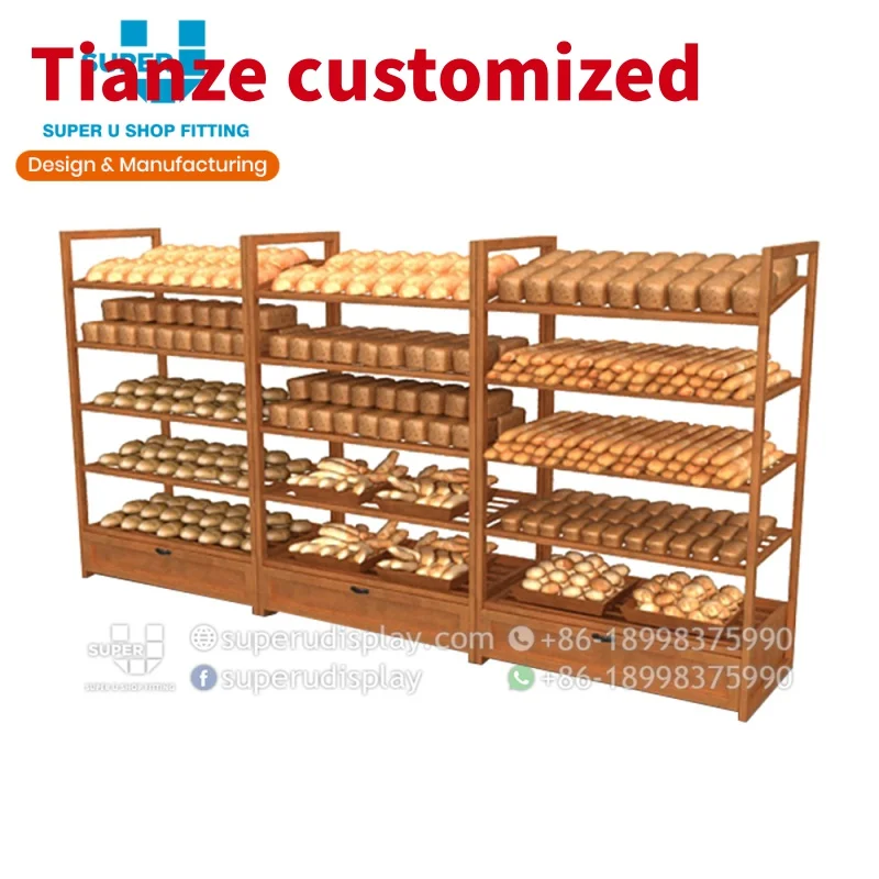 (customized)Popular Wood Bread Display Rack Bakery Wooden Shelves Counter Top Wooden Rack Bakery Store Fixture Design