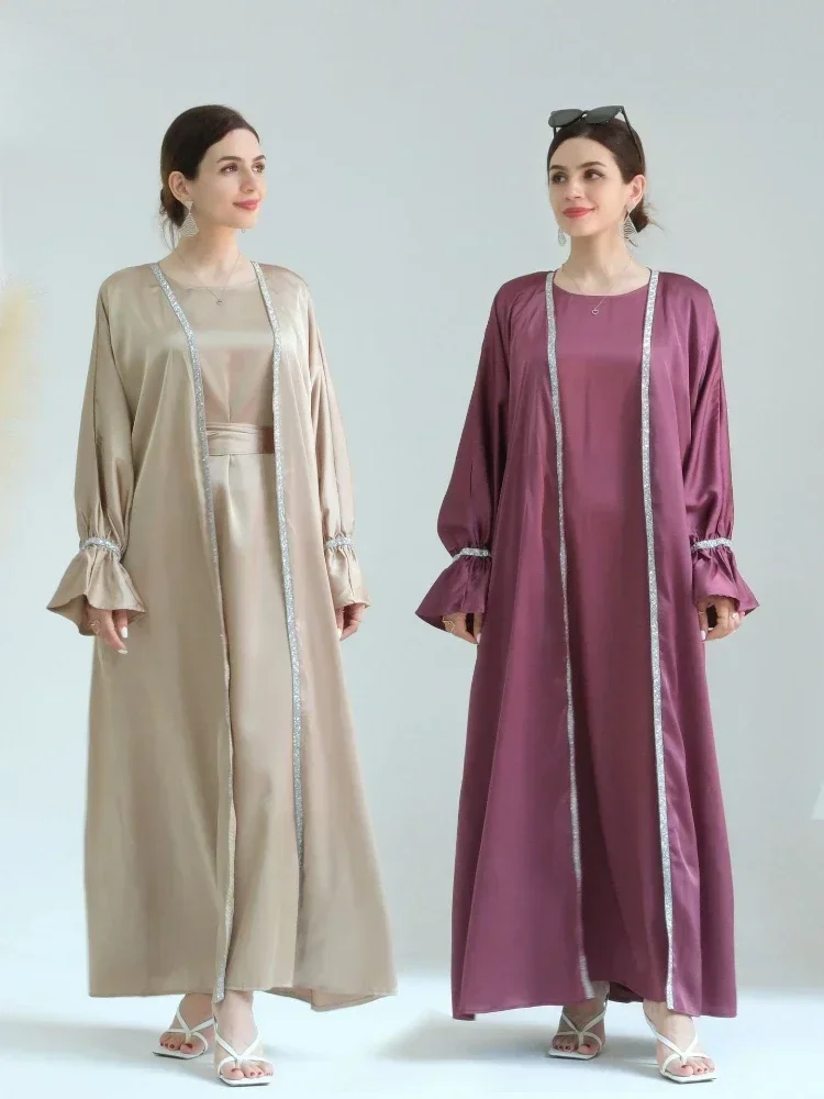 2 Piece Kimono Abaya Matching Muslim Set Flare Sleeve Satin Abayas for Women Dubai Turkey Inner Dress Islam Modest Outfit Kaftan