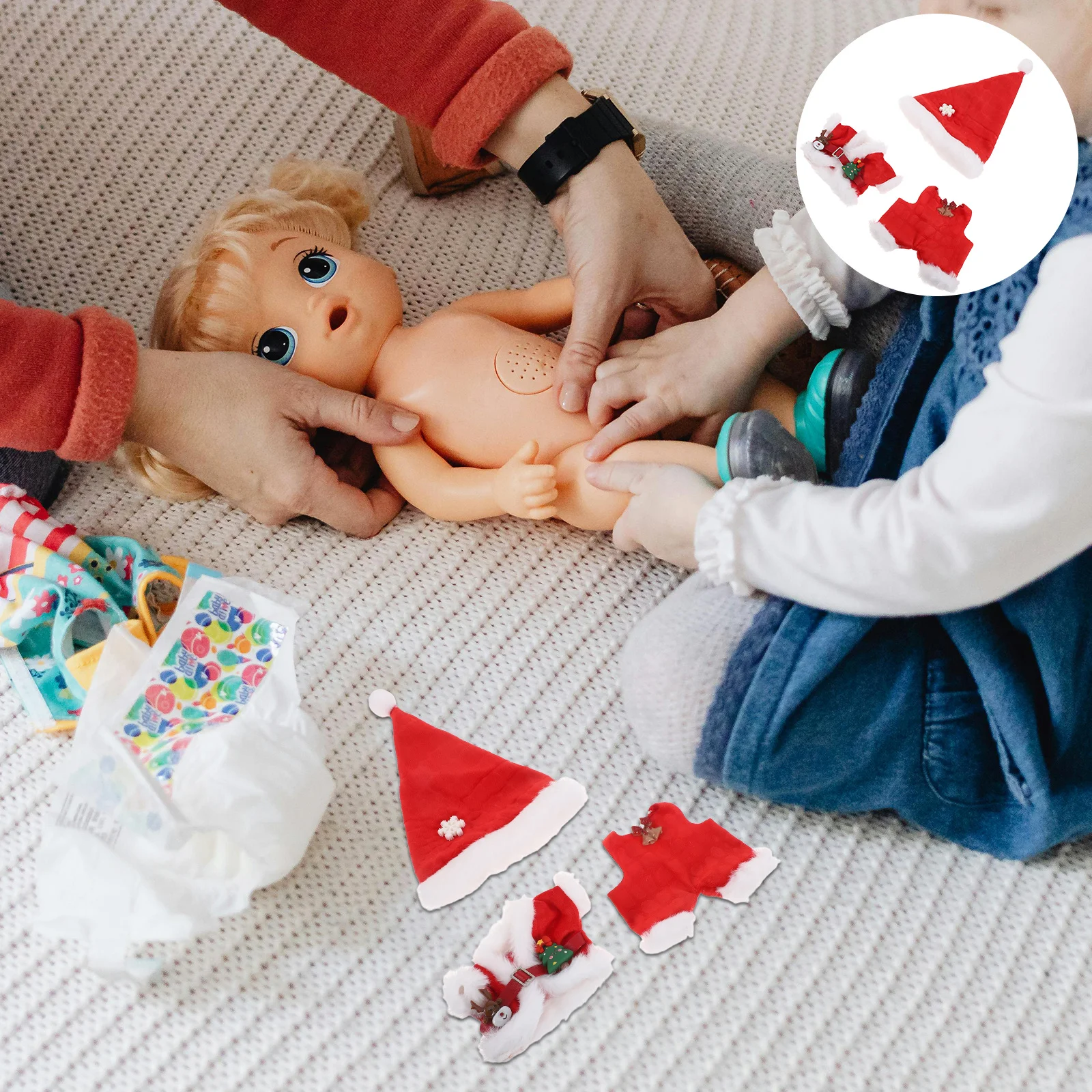 ラビュブ1、2、3用サンタ衣装1セット、赤と緑のクリスマスドレス、ニットトップハット、パンツ、ホリデーコスチュームプレイアクセサリー