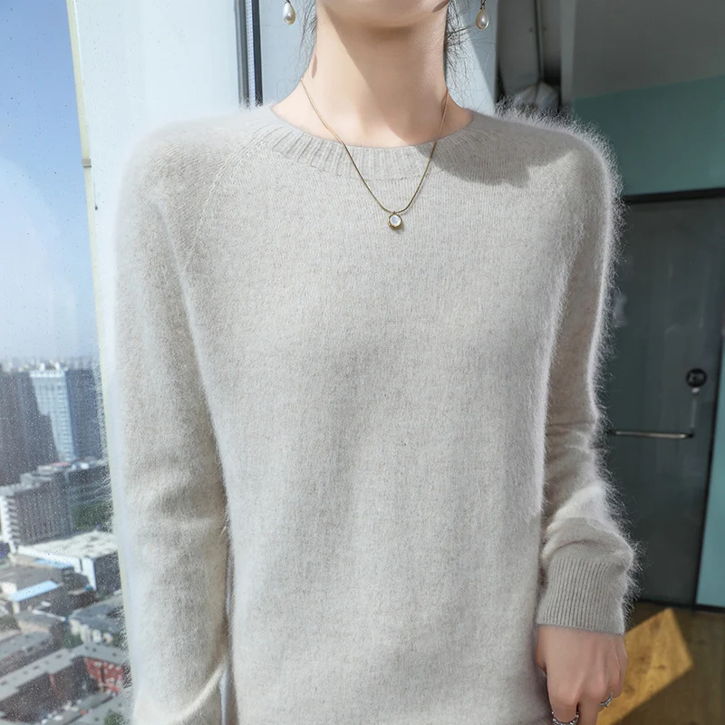 Autumn And Winter 2024 New Mink Cashmere Sweater Ladies Long Sleeve Pullover Round Neck Warm Knit Bottoming Shirt