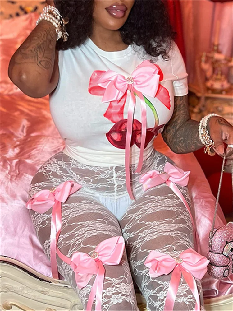 Simenual Acubi Vestiti di moda Kawaii Bow Decor T-shirt a maniche corte Fata stampata Donna O-Collo T Shirt Cyber Y2K Slim Tee Tops