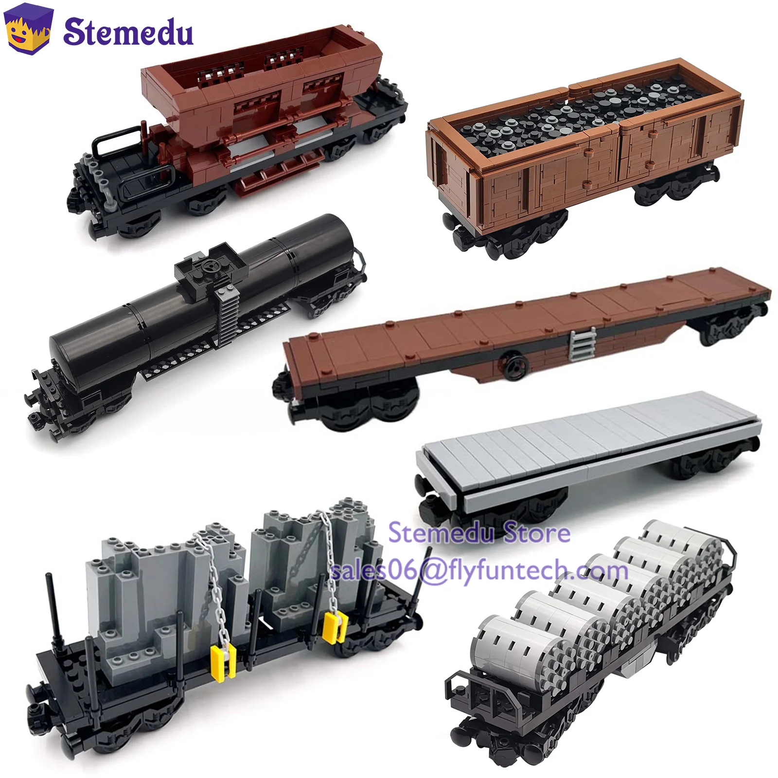 

Creative Small Building Blocks Kit German Freight Train Carriages Set - Stone/Coal/Low-bed Cars DIY Toy Compatible City Tracks