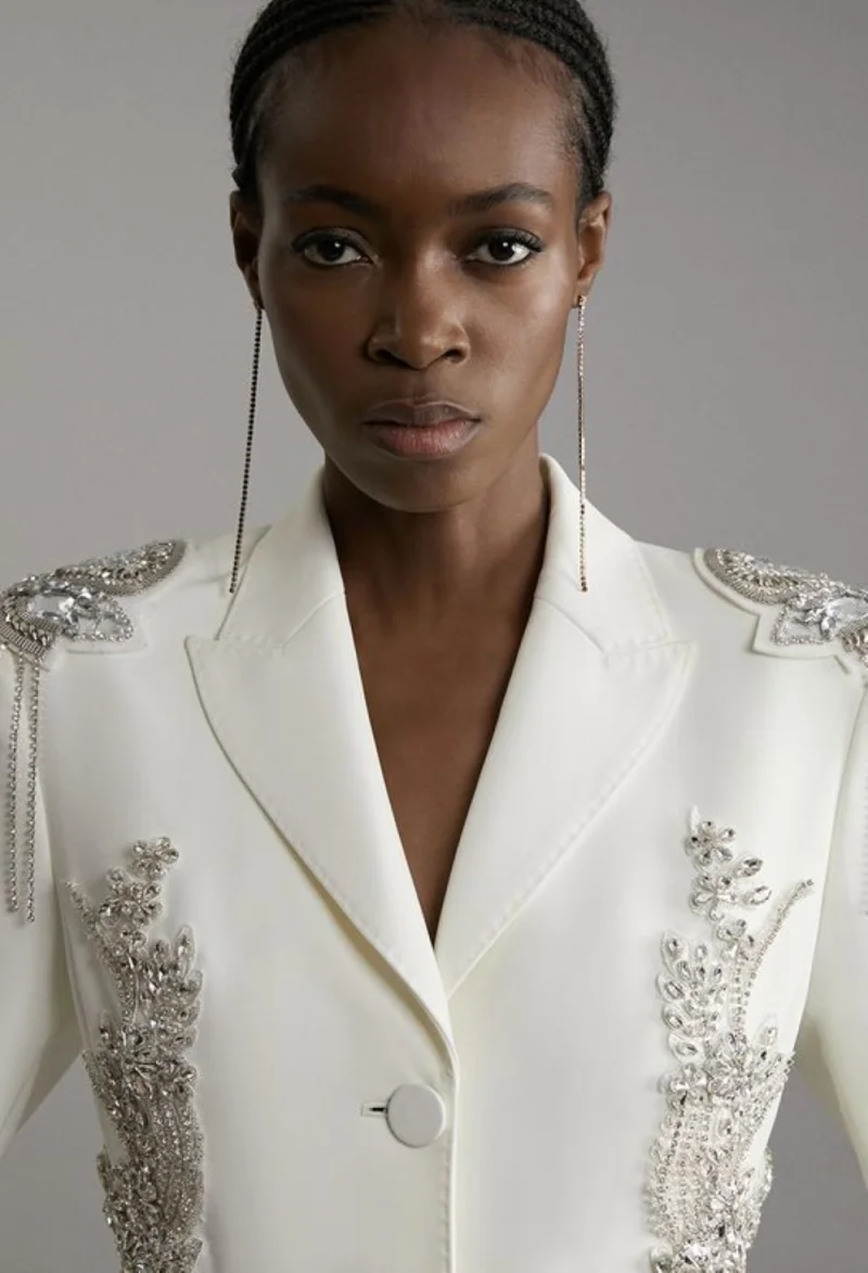 Kryształowe Aplikacje Damskie Garnitury 1 Część Luksusowa Koralikowa Długa Marynarka Afrykańska Dopasowana Jednorzędowa Blezer Szyty na Miarę