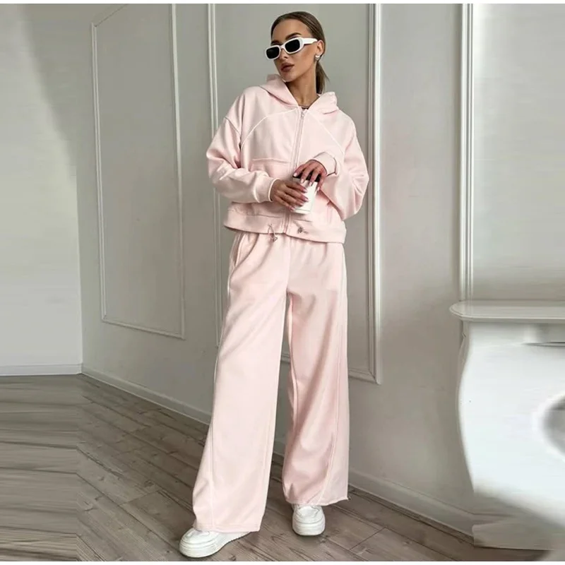 Damen-Hosen 2-teiliges Set: Kapuzenjacke mit langen Ärmeln und Reißverschluss, elastische Taille, weit geschnittene Hose, schicke Damen-Sportbekleidung, neues Herbst-Outfit. – Detail 3