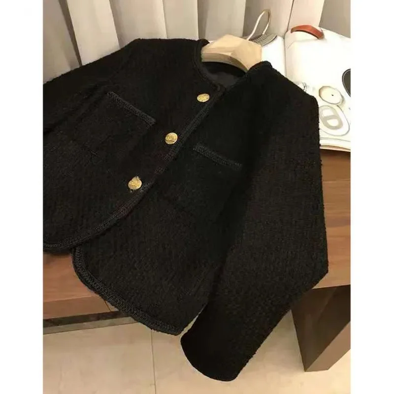 High-Quality Woolen Coat Women 2026Spring Autumn Black Small Fragrant Wool Suit Jacket Female Fashion Outwear Short Overcoat Top