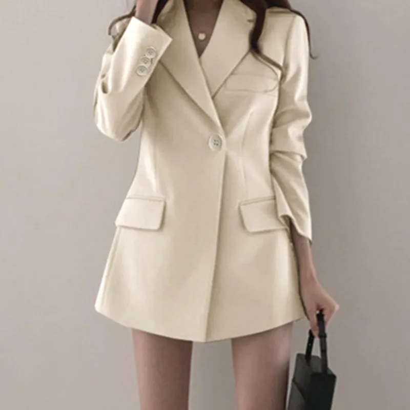 Herfst Elegant Koreaanse Lange Dames Blazer Jas Office Lady Casual Slim Pak Blazers Witte Jas Effen Werk Dames Bovenkleding 2022