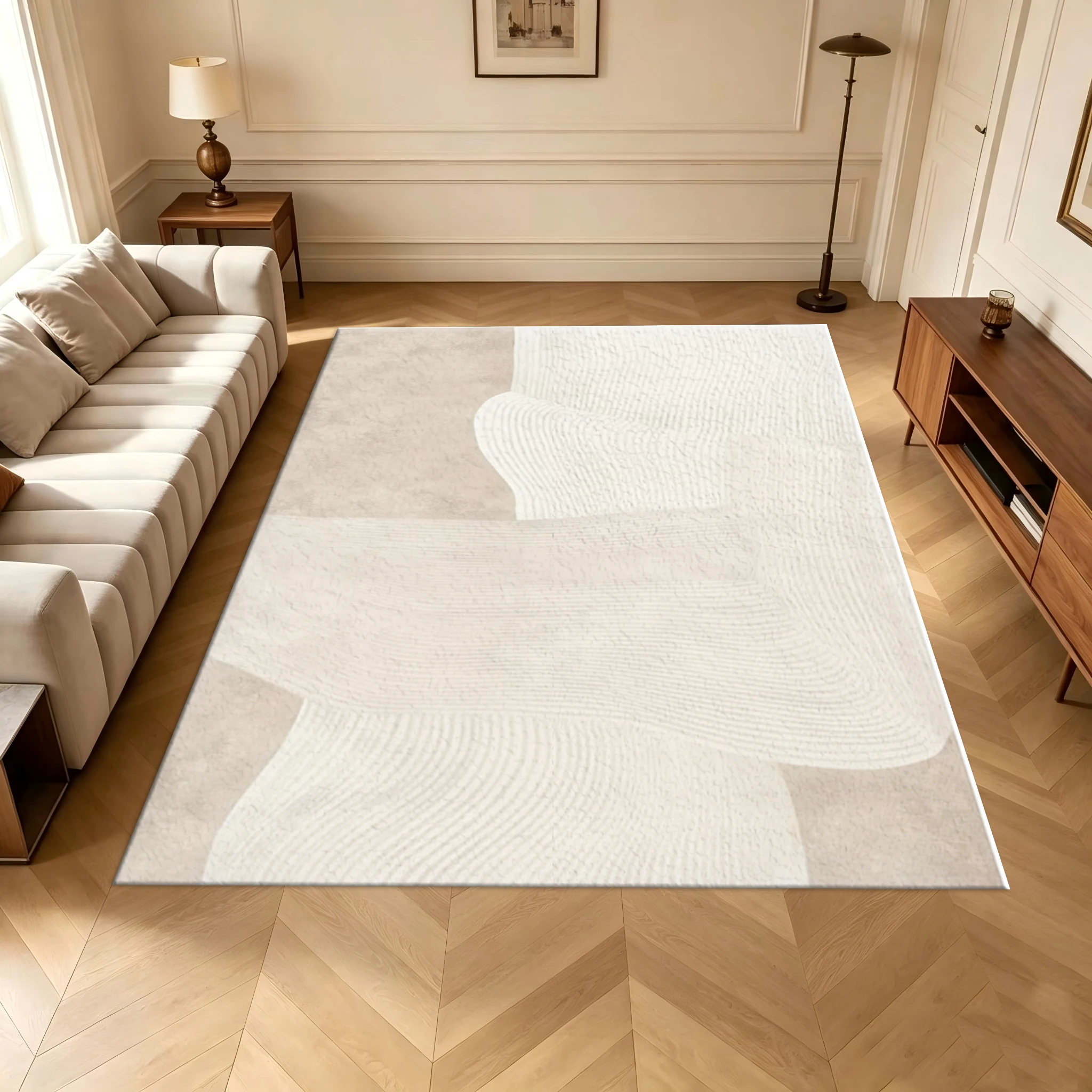 Neutral Beige Wavy Line Carpet Flooring Abstract Soft Texture Home Bedroom Living Room Area Rug