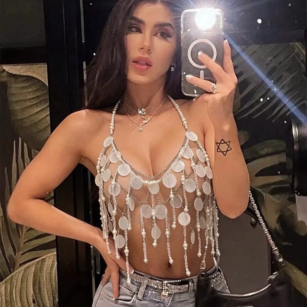 Bohemian Transparent Shell Fringe Halter Crop Top Sexy Sequin Bra Chain Bikini Top Harness Beach Carnival Festival Party Outfits
