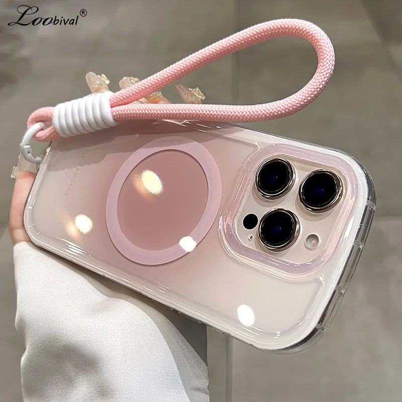 

for Magsafe Gradient Hand Wrist Strap Case for iPhone 16 15 14 Pro Max 12 13 Magnetic Lanyard Color Contrast Shockproof Cover