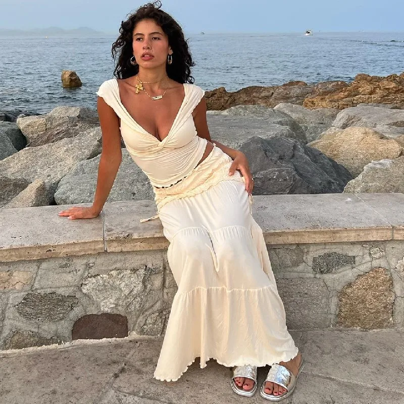 Women's Sexy Navel Low-cut Short Vest Top French Elegant Pleated Skirt Two-piece Set Suit 2025 Summer New