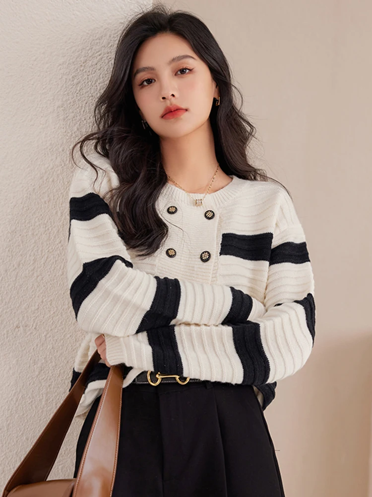 Autumn New Women\'s Casual Round Neck Sweater Button Stripe Long Sleeved Short Coat Lazy Style Knitted Cardigan