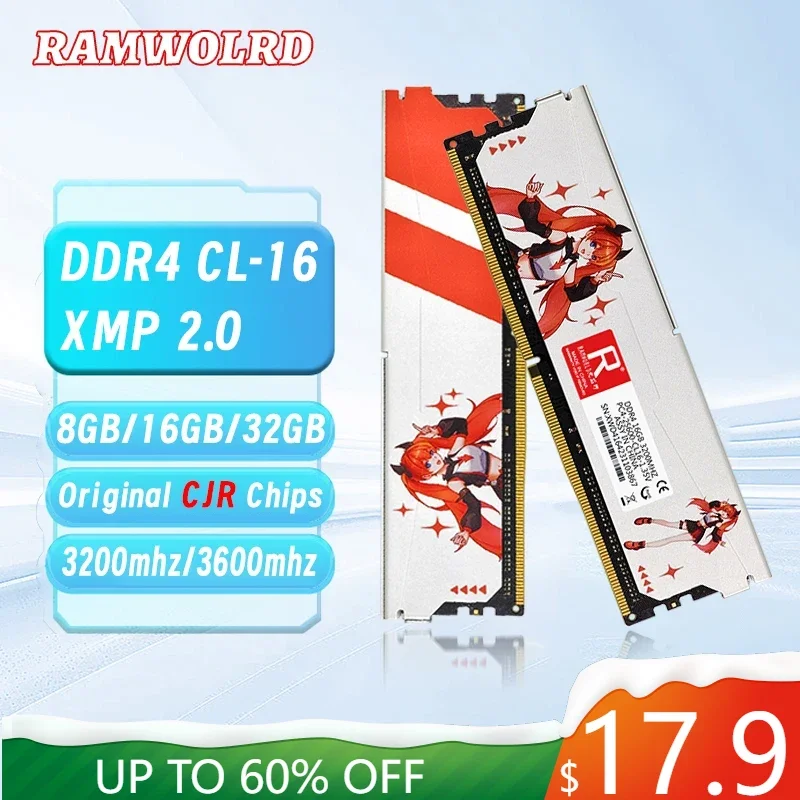 RAMWORLD DDR4 Memoria Ram Desktop 3600MHz  1.35V CL16-28800 32GB (16GBx2PCS) Game XMP 2.0 Support For Desktop Memory