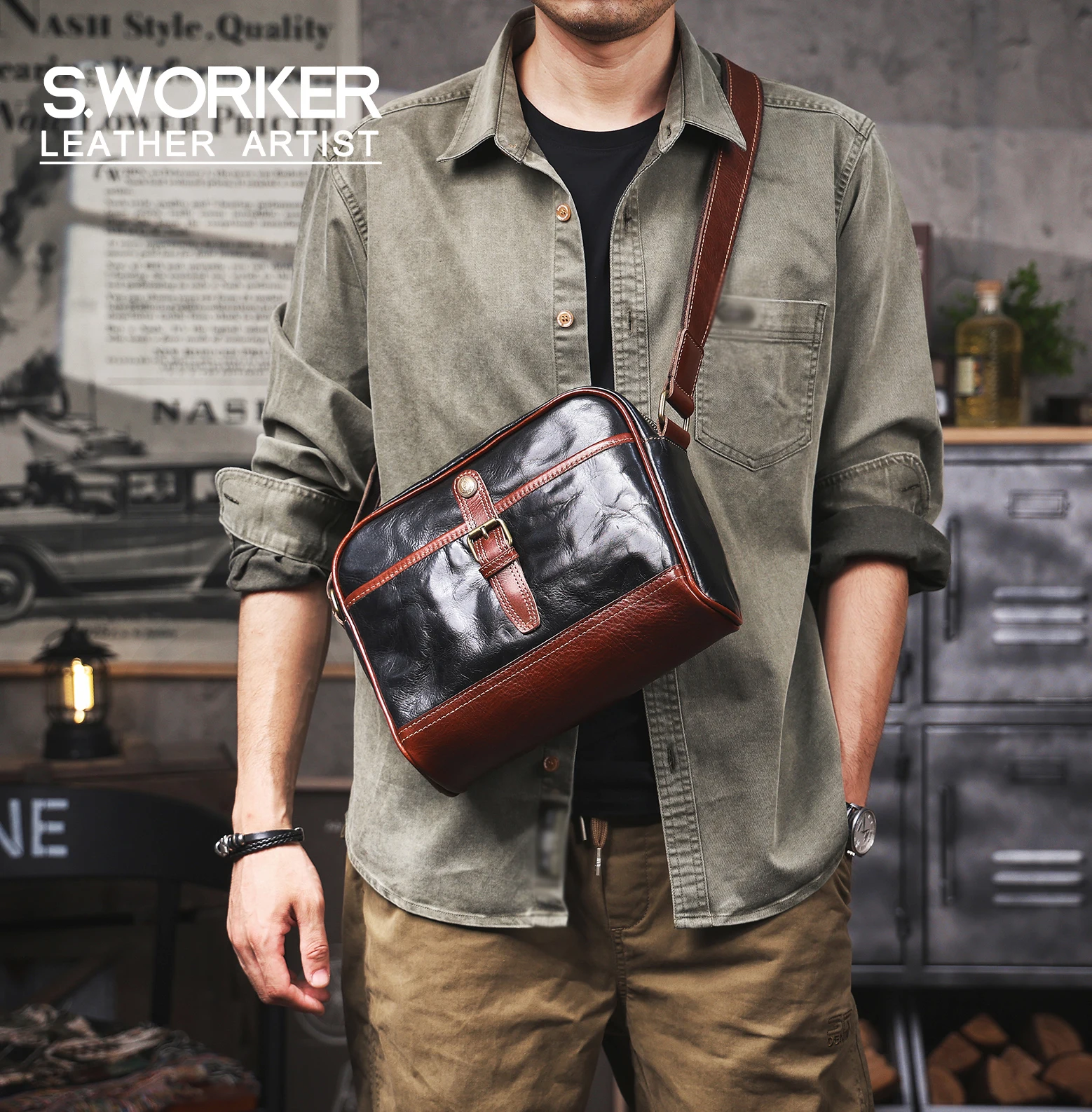 S.WORKER Vollnarbenleder-Umhängetasche für Herren Vintage Echtleder Herrenmode Schultertasche Messenger Bag – Detail 2