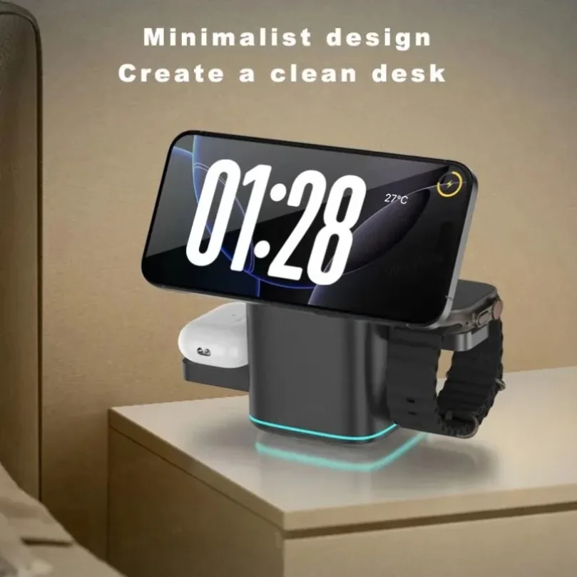 3-in-1電動回転式ワイヤレス充電ステーション、デジタル時計付き、iphone-17、apple-watch、airpods対応の急速充電アクセサリー