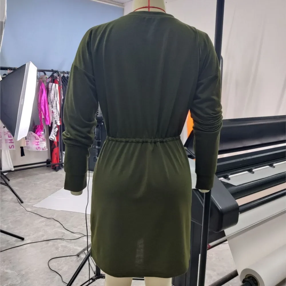 CPSYMYM 秋と冬の新ソリッドカラー O ネック長袖 Tシャツの女性のドレスファッションウエストバンドエレガントな女性のミニ Dressse