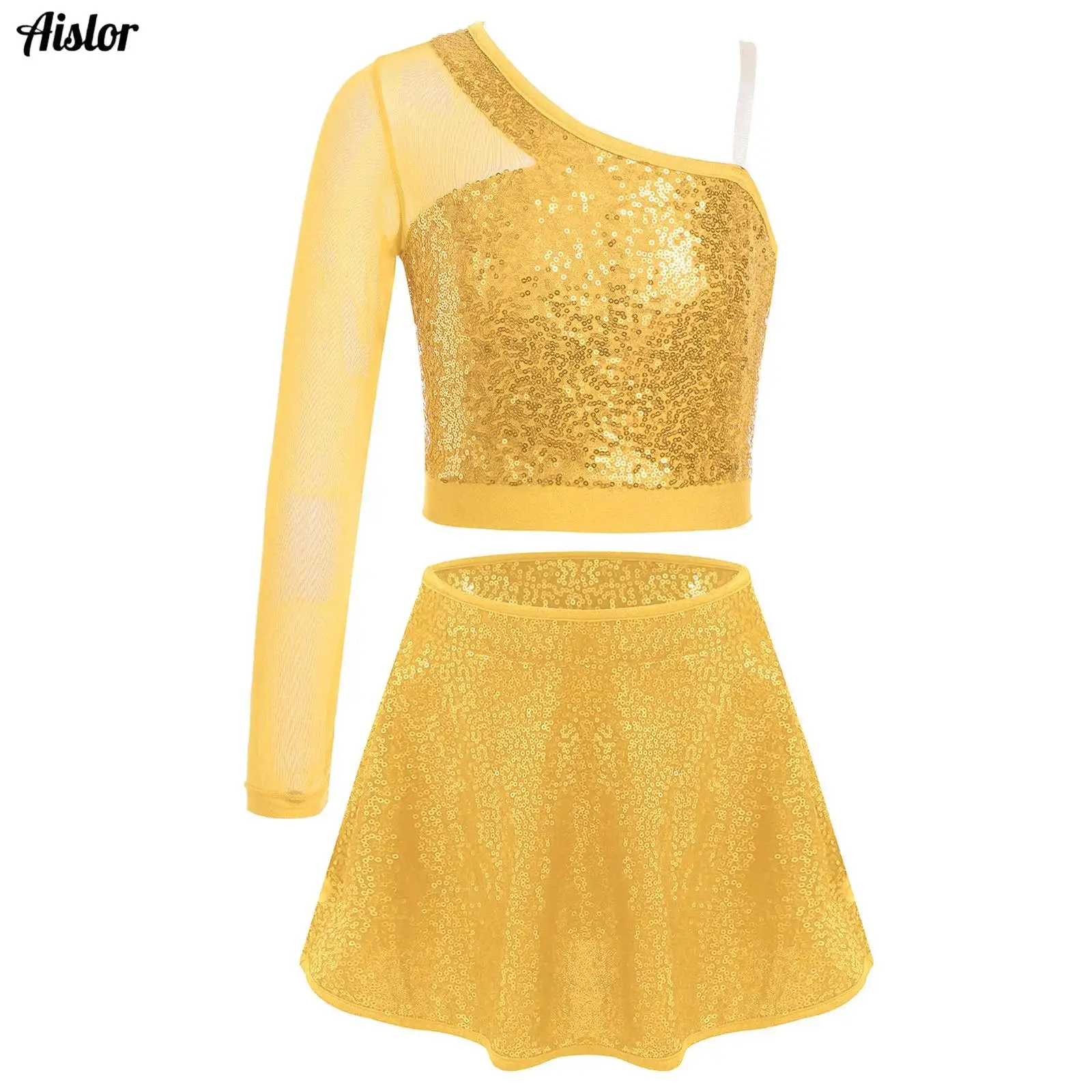 

2Pcs Kids Girls Jazz Latin Dance Outfit Sheer Mesh One Shoulder Side Zipper Crop Top+Sequins Skirt Stage Performance Costume