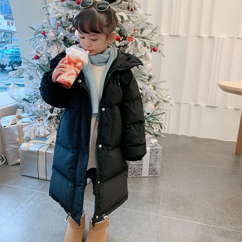 3-12 Years Winter Girls Down Jacket Long Style Solid Color Fashion Parka Coat Hooded Zipper Outerwear Birthday Gift Kids Clothes