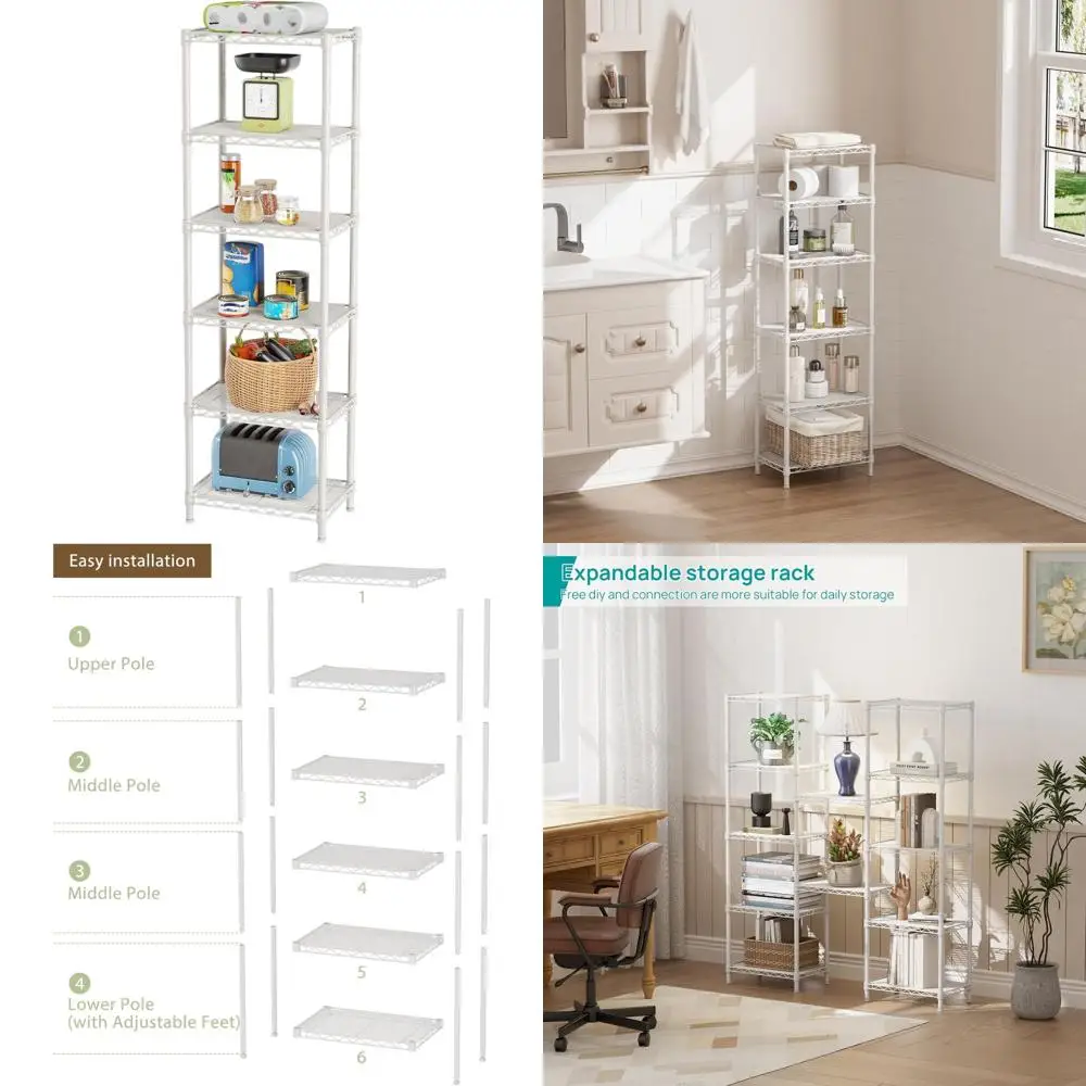 

Металлический органайзер для шкафа с 6 полками - Стеллаж для хранения для кухни, ванной, гаража, прачечной - Белый, 10x16x60