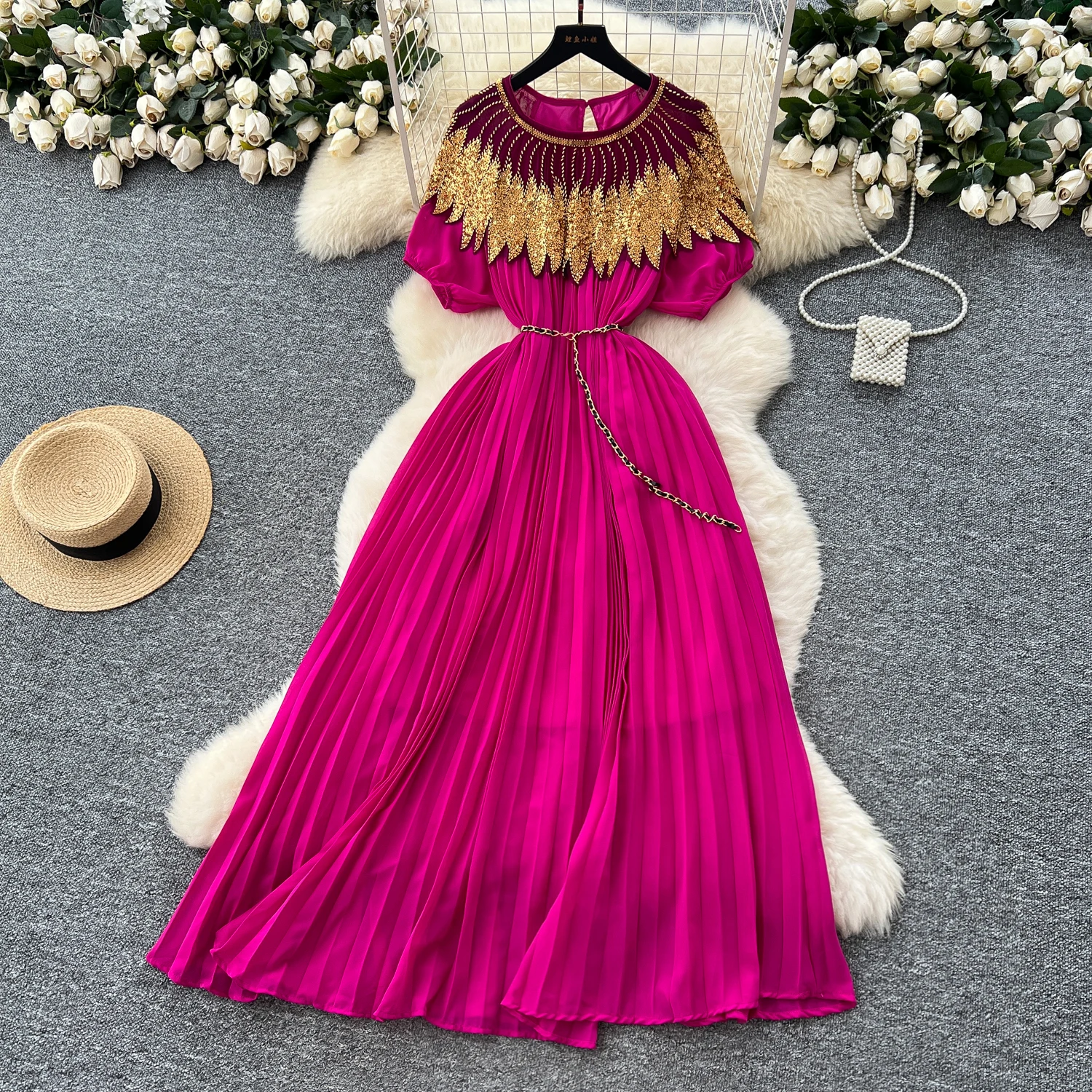 

Sexy Chic O neck sequin short sleeve Dress Elegant Korean Fashion Slim Summer vintage Long dress