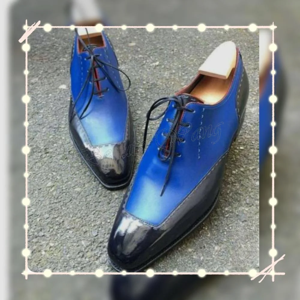 

Blue Black Patchwork Lace up Men Shoes Matte Leather Pumps Men's Dress Shoes Gentlemen Slip on Shoes Big Size 47 Sprig Autumn