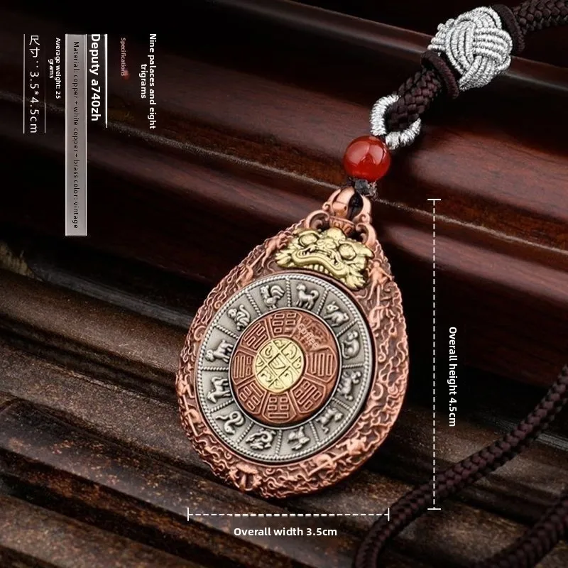 Traditional Chinese Tibetan Style Pure Copper Rotatable Nine Palaces Bagua Pendant Lucky Blessing Fortune Attracting 12 Zodiac