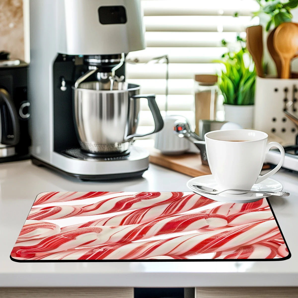 1pc Drying Mat Christmas Candy Cane Non-Slip Absorbent Mat Tableware Kitchen Counter Drain Mats Placemats for Table