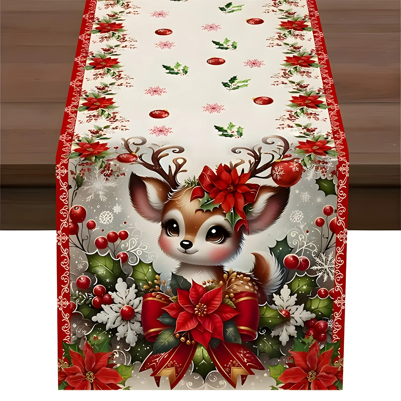 VIKAMA Christmas Table Runner Cute Reindeer Poinsettia Holly Berry Decorative Washable Polyester Kitchen Dining Xmas Holiday