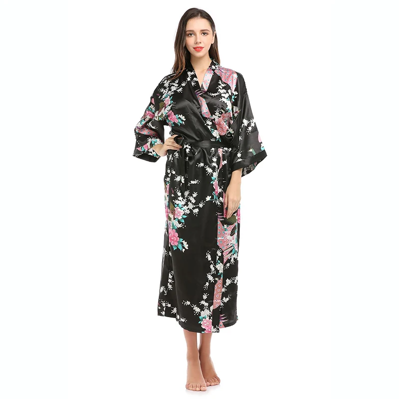 Womens Silk Satin Kimono Robes Long Sleepwear Dressing Gown Floral Peacock Printed Pattern Party Wedding Bridesmaid Bathrobe