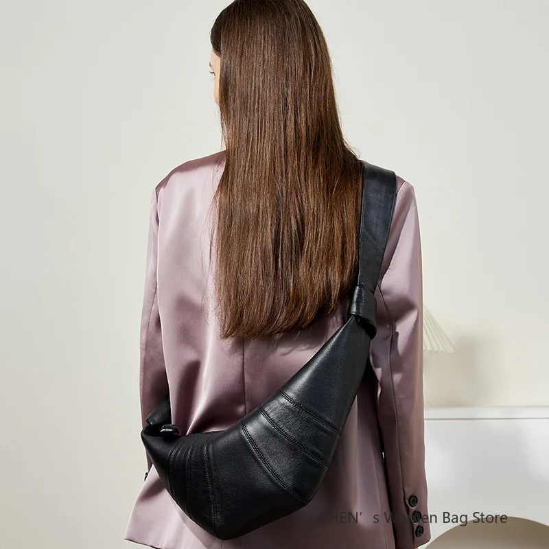 حقيبة يد نسائية من جلد الخراف الأصلي حقيبة كرواسون عصرية متعددة الاستخدامات باللون الأسود الناعم حقائب كتف على الصدر عبر الجسم #2