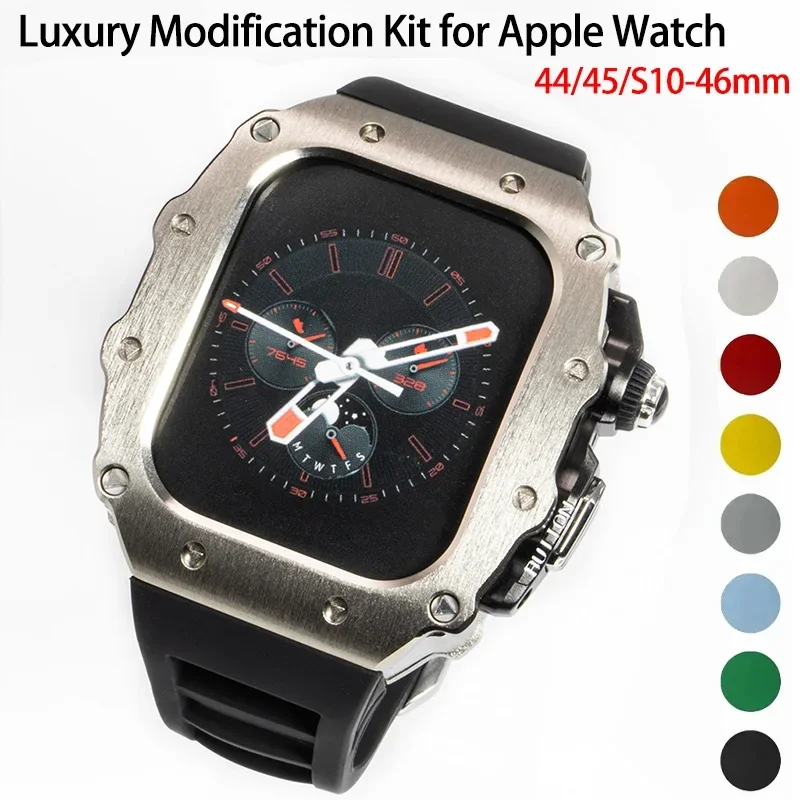 

Luxury Modification Kit for Apple Watch 10 46MM 44mm 45mm Stainless Steel Case for IWatch Series 9 8 7 6 5 Silicone Pin Buckle