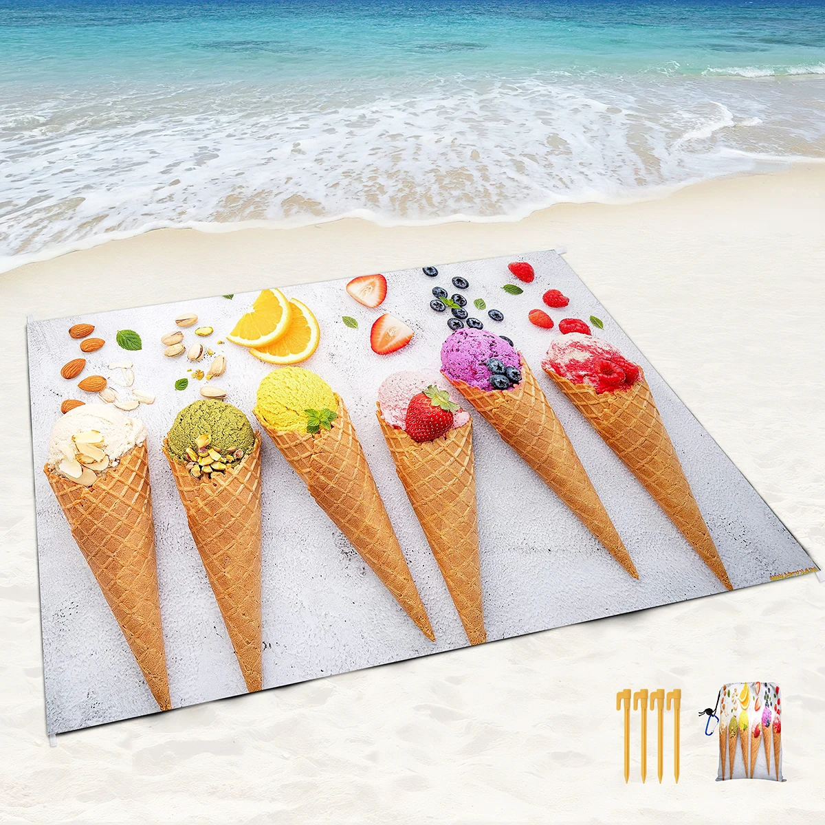 Cool Summer Ice Cream Sand Proof Beach Blanket Sand Proof Mat with Corner Pockets and Mesh Bag for Beach Party,Travel,Camping