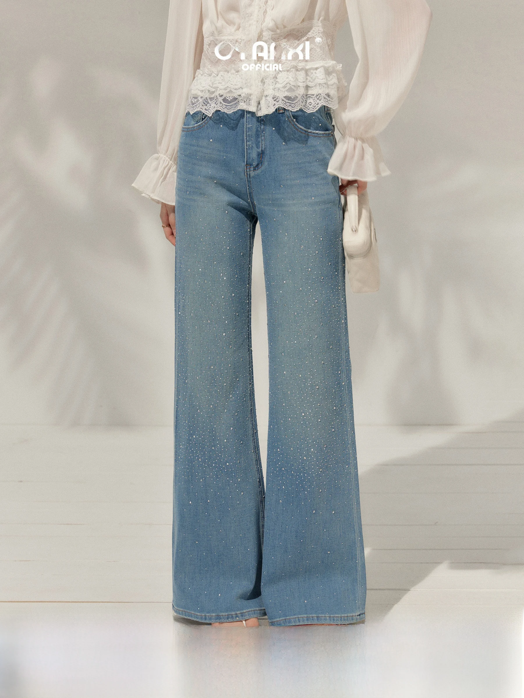 

High Waist Shiny Sequin Denim Pants Women's Spring 2026 New Style Wide Leg Jeans Glowing Moon Series by Ou Yang Xi