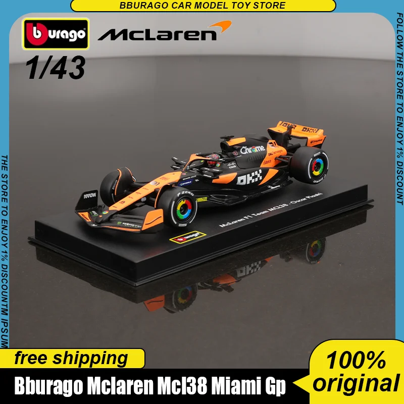 In Stock New Bburago 1:43 Mclaren Mcl38 Miami Gp Alloy Miniature Diecast Model 2024 F1 Champion #4 #81 Mclaren F1 Car Toys Gift