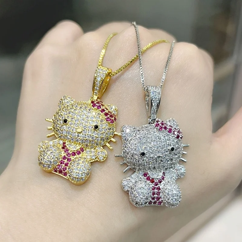 Kawaii Hello Kitty Necklace Anime Sanrio Hip Hop Cute Diamond Pendant Necklace Men's and Women's Cartoon Fashion Jewelry Gifts