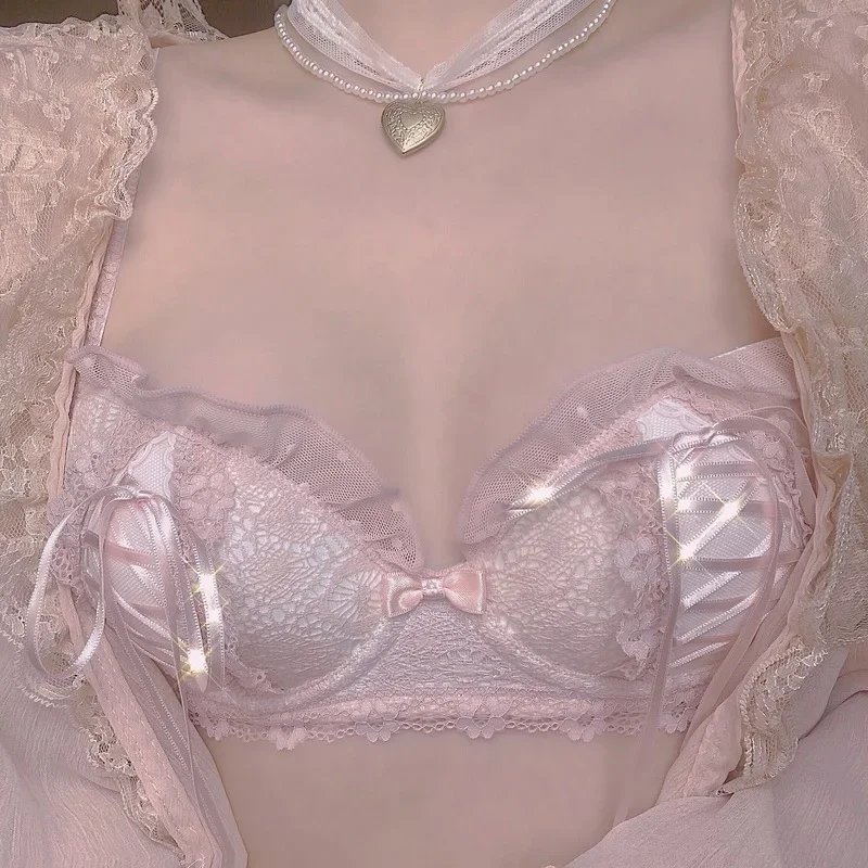 Conjunto de sutiã e calcinha de lingerie push up, cuecas confortáveis e respiráveis, calcinha íntima doce da menina lolita, cueca com renda, sutiãs