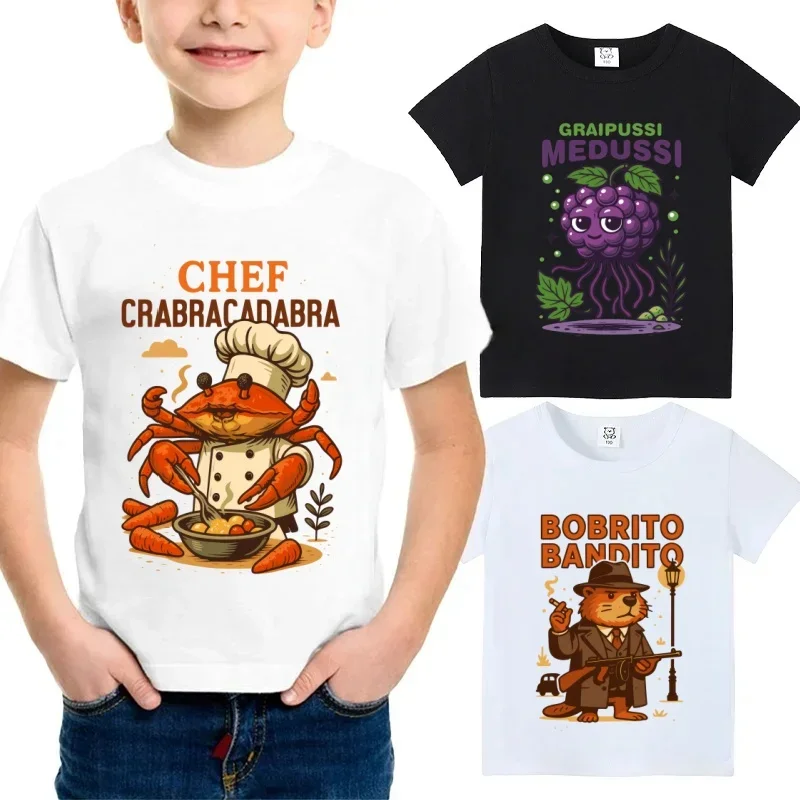 

Italian Children's Brainrot Animal T-shirt, Crab Chef, Killer Beaver, Summer Clothing