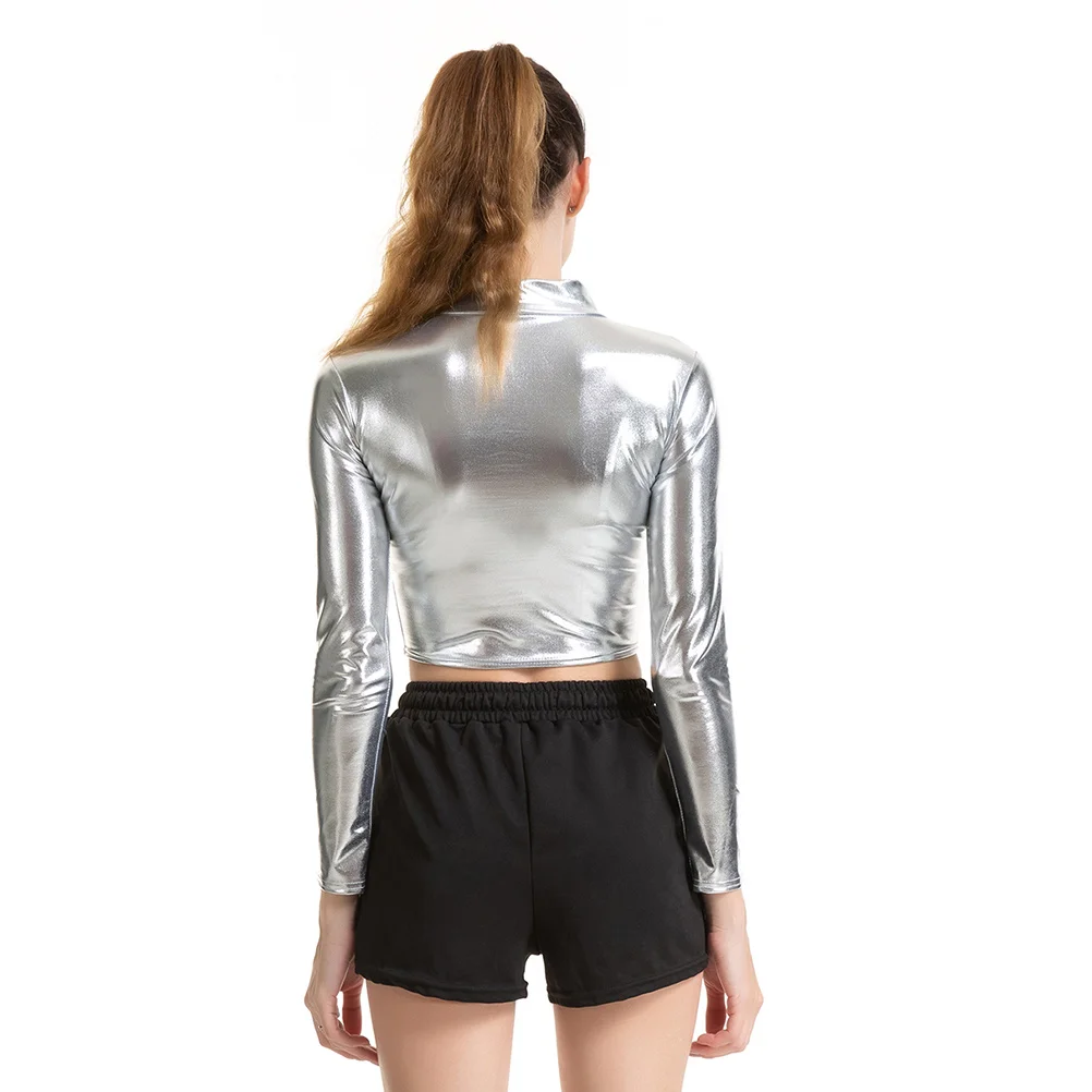 

Silver Sexy Solid Color Bustier Patent Performance Costume Long Sleeve Women's Cosplay Nightclub Stage Outfit M