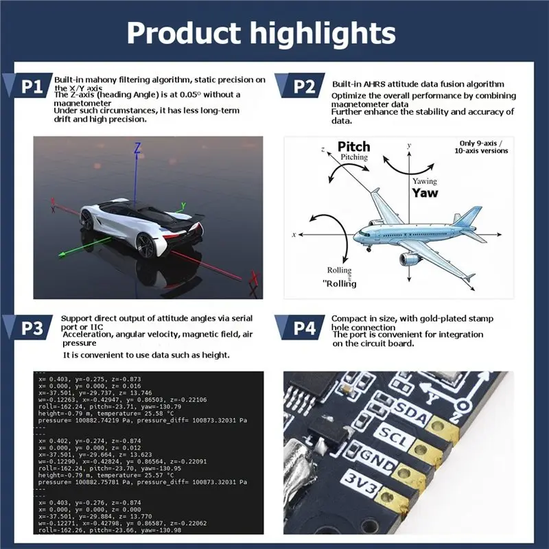 dt18-10軸imuセンサーモジュール、ahrs姿勢センサー、気圧計磁力計、rosロボットドローン用、arduino-stm32対応