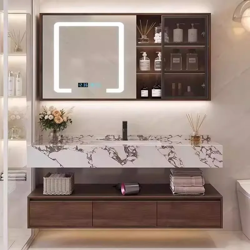 

Y Hotel vintage style bathroom cabinet set, walnut wood washbasin cabinet for the bathroom, double-layer washstand