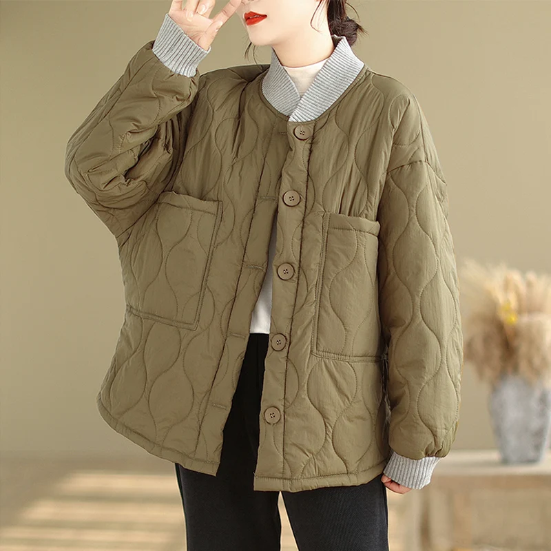 

Light Weight Autumn Women Baseball Jackets 2024 New Casual Loose Age-reduced Cotton-Padded Thin Parkas Female Outerwear Coat