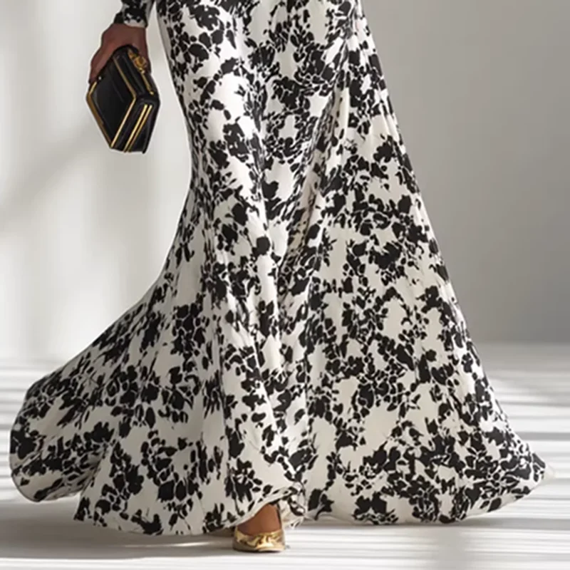 Sexy O Neck Floral Print Long Maxi Dress Woman 2026 Spring High Waist Slim Draped Party Dress Fall Long Sleeve A-Line Boho Dress