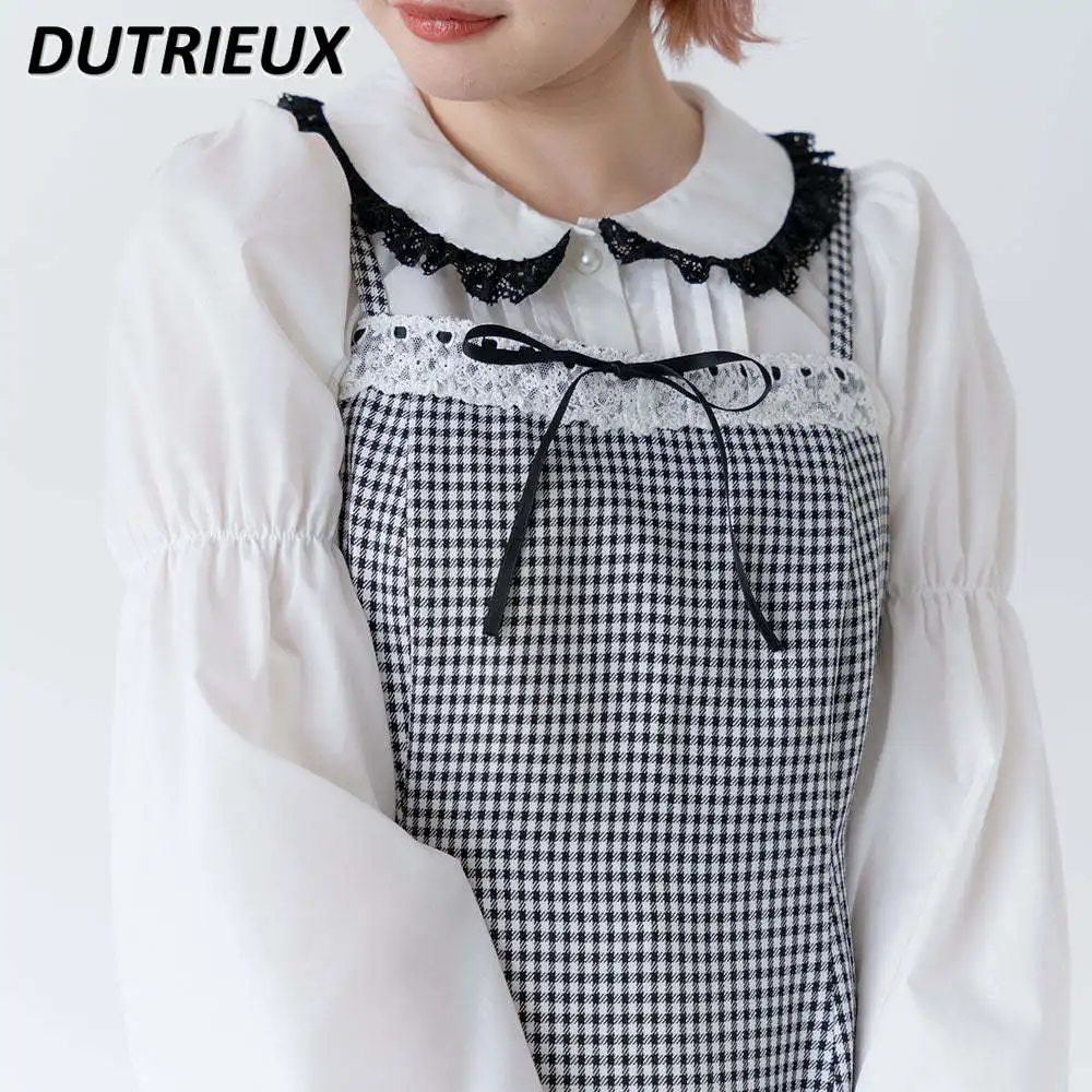 Spring New All-Matching Lolita Sweet Blouse Long Sleeve Base Shirt Japanese Style Lace Trim Doll Collar Cute Solid Color Tops