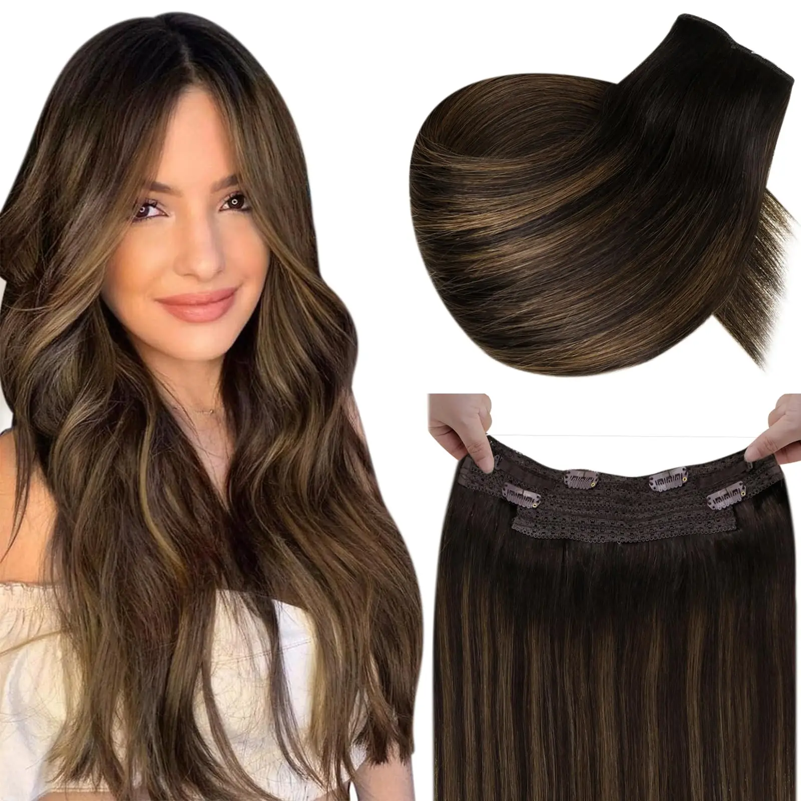 One Piece 100% Human Hair Fish Line Extensions 12-26 inch #1B/27 For A Highlighted Black Base