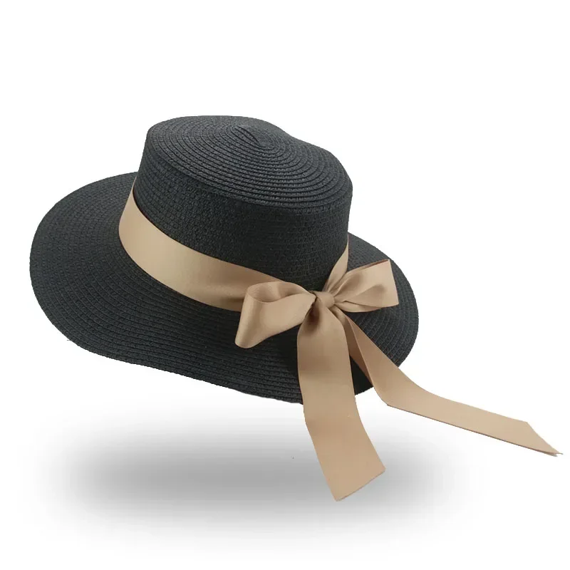 Bucket Hat Beach Summer Straw Hats for Women Flat Top Ribbon Bowknot Elegant Luxury Straw Women Summer Hats Sombreros De Mujer