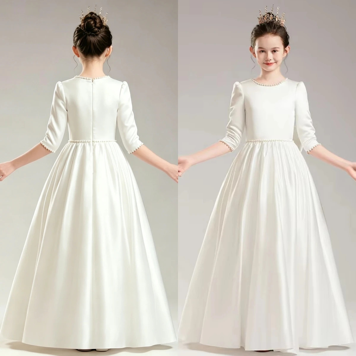 Elegant White Pearl Satin Round Neck Flower Girl Gown 3/4 Puff Sleeve Children Communion Host Piano Performance Birthday Dress