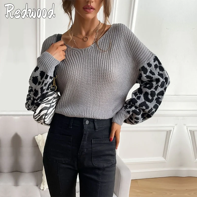 

Knitted Pullover Top Leopard Print Fashion Long Sleeved Knitted Sweater Women Loose Casual Sports Sweaters Lady Autumn Winter