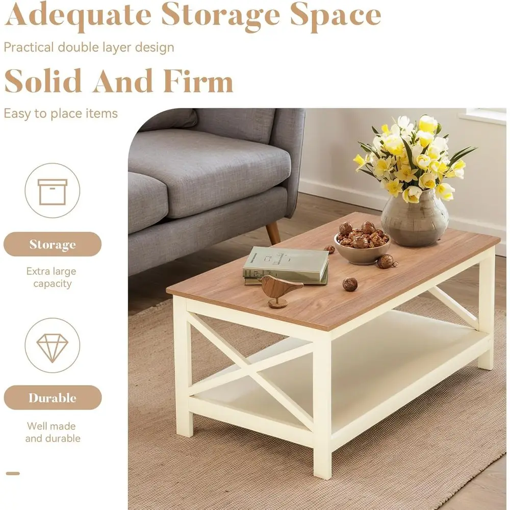 Ivory 2-Tier Farmhouse-Style Coffee Table with Storage for Living Room