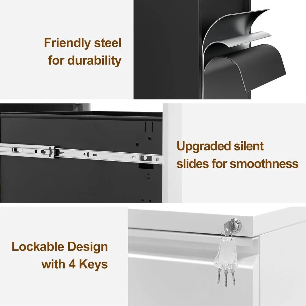 خزانة ملفات متنقلة قابلة للقفل بثلاثة أدراج للمكتب المنزلي، حل تخزين تحت المكتب مع 4 مفاتيح