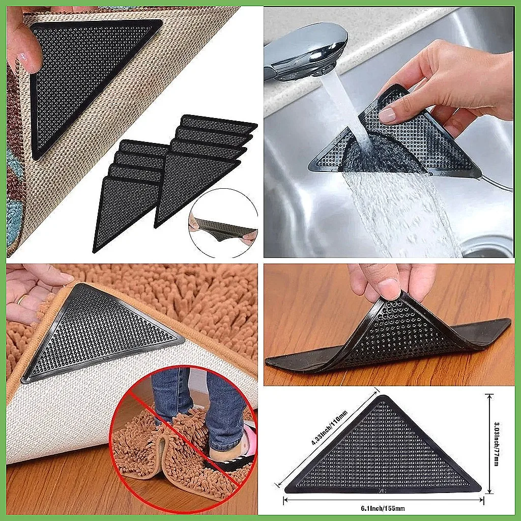 8-Pack Triangle Carpet Grippers Anti-Slip Tile Floor Stickers Washable & Reusable Rug Corner Pads for Bathroom
