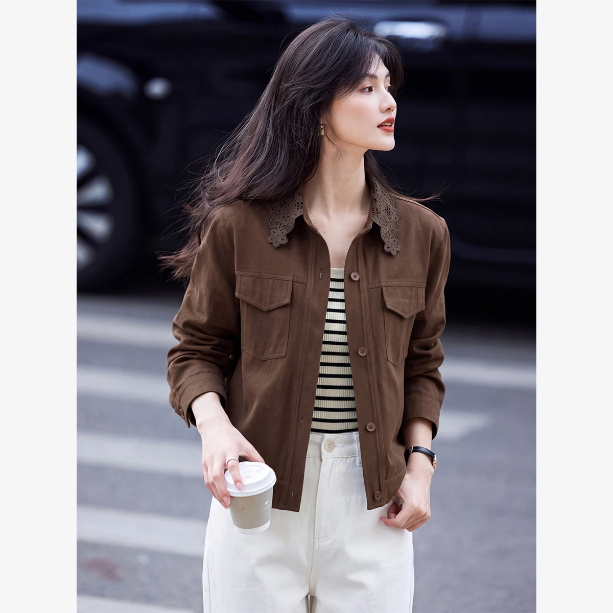 VIMLY Coffee Short Jacket for Women 2026 Autumn Hollow-out Lace Lapel Long Sleeve Coat Fashion Elegant Casual Top Ladies A7295
